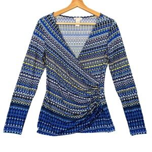 Cache Blue‎ Geometric Tribal Ikat Faux Wrap Ruched Long Sleeve Top Small